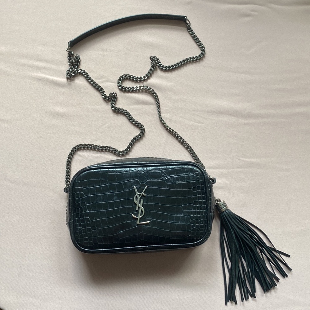 2020 YSL Calfskin Croc Embossed Monogram Mini Lou Camera Bag